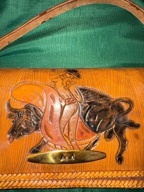 Handcrafted Tooled Leather Western Purse Bag Brown Mexico 1970s Bull Fighting